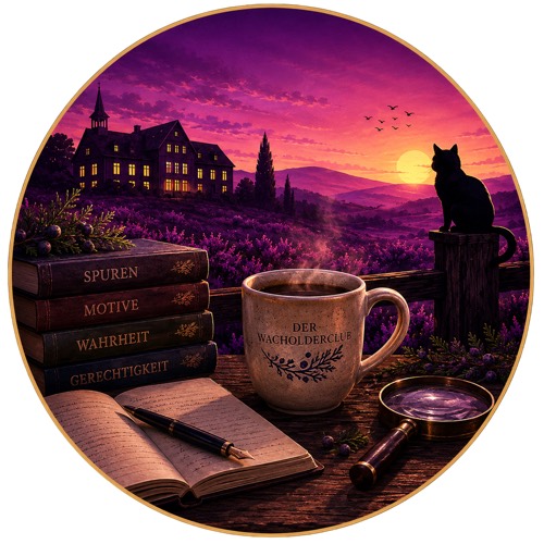 Der Wacholderclub – Reihenemblem von Bendix Ahlers: Kaffeetasse, Bücher, Lupe und die Katze Mine vor der Lüneburger Heide
